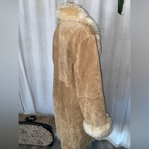 Vintage 90s Y2K Wilsons Leather Tan Faux Fur Trim Long Penny Lane Coat Size XL - Picture 11 of 14